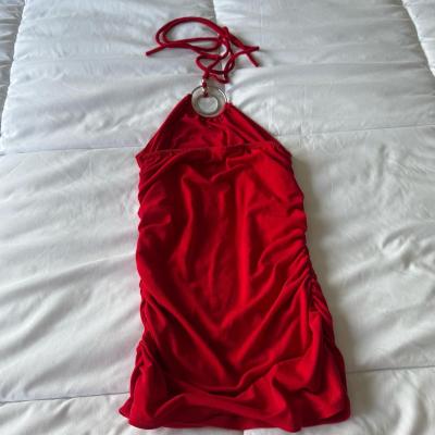 Bold Red Ruched Halter Tank with Metal Ring Detail S - Thumbnail 3