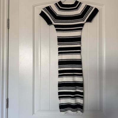Brand New Ribbed Knit Black  Cream Striped Wrap Midi Dress - Thumbnail 6