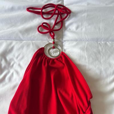 Bold Red Ruched Halter Tank with Metal Ring Detail S - Thumbnail 5