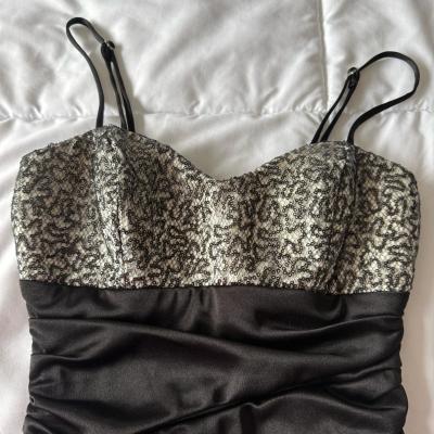 Black Satin Ruched Bodycon Mini Dress with Silver Lace Bust - Thumbnail 2