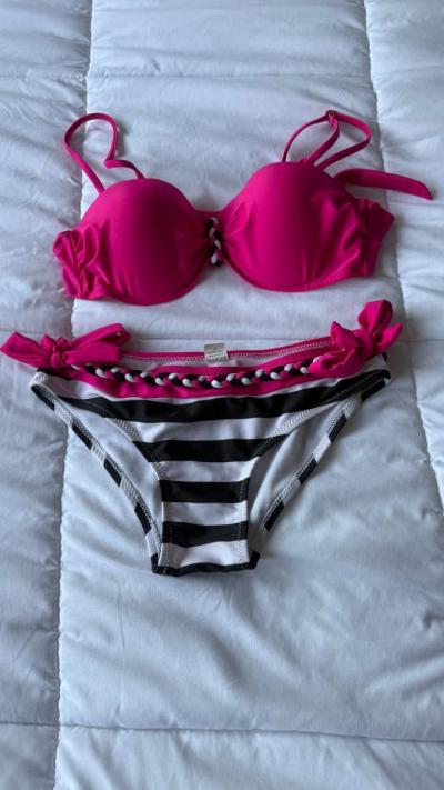 Hot Pink  Black Striped Bikini Set  Padded Bra Top with Brai - Thumbnail 5