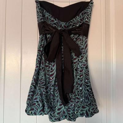 Strapless Teal  Black Sparkle Cocktail Dress with Satin Wais - Thumbnail 5