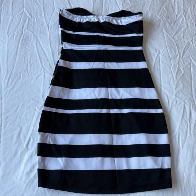 Strapless Black  White Stripe Bodycon Built In Padded Bra Mi - Thumbnail 3
