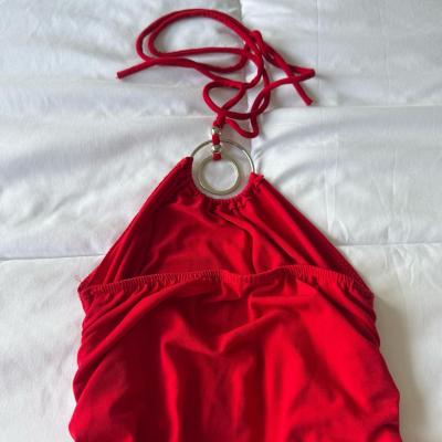 Bold Red Ruched Halter Tank with Metal Ring Detail S - Thumbnail 4