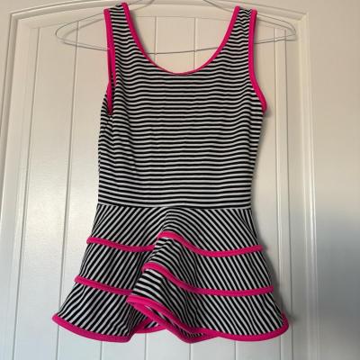 Black  White Striped Peplum Top with Hot Pink Trim  Size Sm - Thumbnail 3