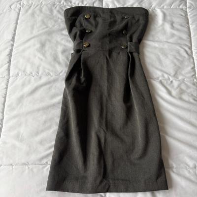 Strapless Charcoal Gray MilitaryInspired Dress with Gold Cre - Thumbnail 2