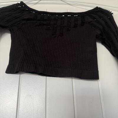Black OpenKnit Ribbed Long Sleeve Crop Top  Textured Stateme - Thumbnail 3