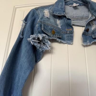 Ultra Cropped Distressed Denim Jacket  Raw Hem Light Wash  B - Thumbnail 3