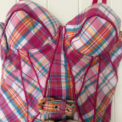 Pink Plaid Corset Bustier Top  Y2K Structured Boned Crop w B - Thumbnail 3