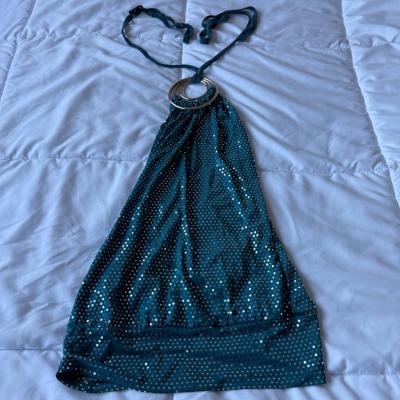 Teal Metallic Polka Dot Halter Top with Silver Ring Detail - Thumbnail 1