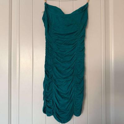 Teal Strapless Ruched Cocktail Dress with Feather Trim - Thumbnail 3