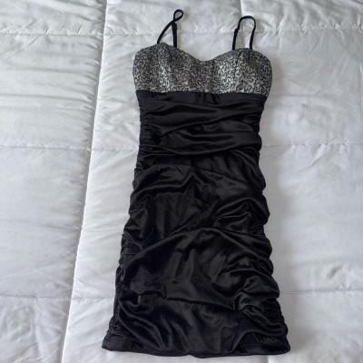 Black Satin Ruched Bodycon Mini Dress with Silver Lace Bust - Thumbnail 5