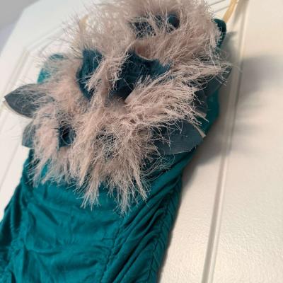 Teal Strapless Ruched Cocktail Dress with Feather Trim - Thumbnail 2