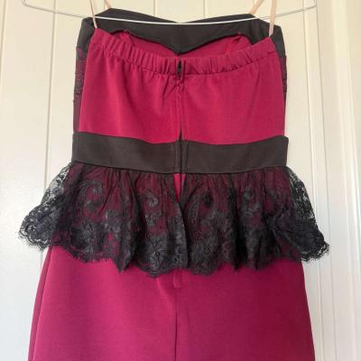 Elegant Strapless Burgundy Wine Red  Black Lace Peplum Cockt - Thumbnail 6
