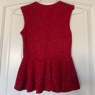 New Red Peplum Top with Black Lace Statement Neckline S - Thumbnail 5
