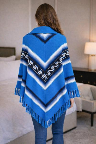 Vintage Mexican Pancho Womens Large Blue - Thumbnail 2