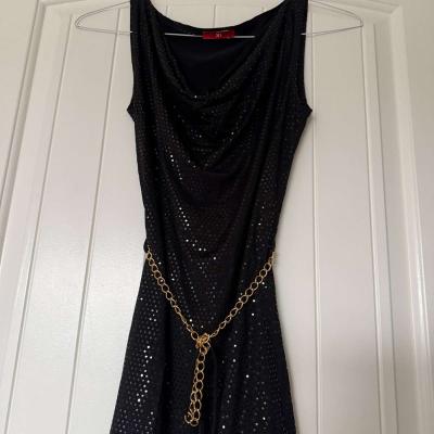 Black Metallic Polka Dot Cowl Neck Cocktail Dress with Gold - Thumbnail 2