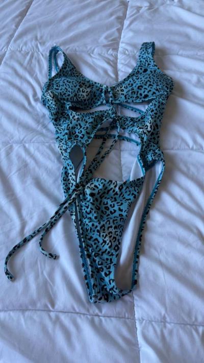Turquoise Leopard CutOut OnePiece Swimsuit w Padded Bra  Lac - Thumbnail 3