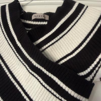 Brand New Ribbed Knit Black  Cream Striped Wrap Midi Dress - Thumbnail 2