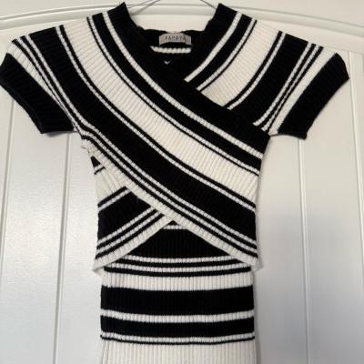 Brand New Ribbed Knit Black  Cream Striped Wrap Midi Dress - Thumbnail 3