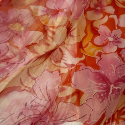 Vibrant Orange  Pink Floral Chiffon Dress with Satin Waistba - Thumbnail 3