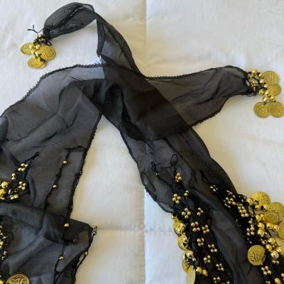 Black Chiffon Belly Dance Hip Scarf with Gold Coin Trim  Tri - Thumbnail 6