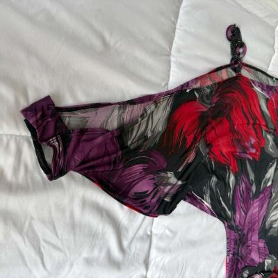 Brand New OneShoulder Ruched Longline Top  Red  Purple Abstr - Thumbnail 3