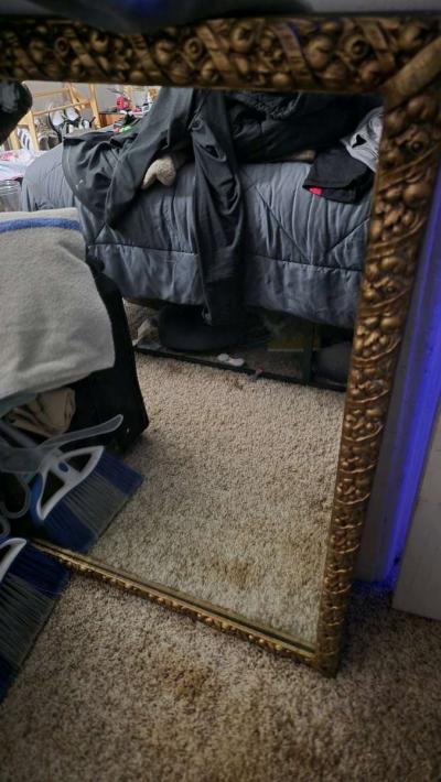 Gilt wood framed wall mirror with ornate deco