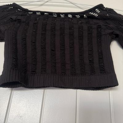 Black OpenKnit Ribbed Long Sleeve Crop Top  Textured Stateme - Thumbnail 4