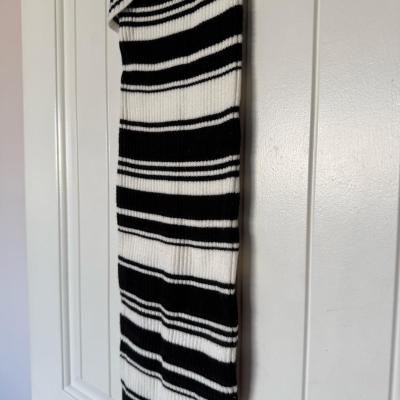 Brand New Ribbed Knit Black  Cream Striped Wrap Midi Dress - Thumbnail 5