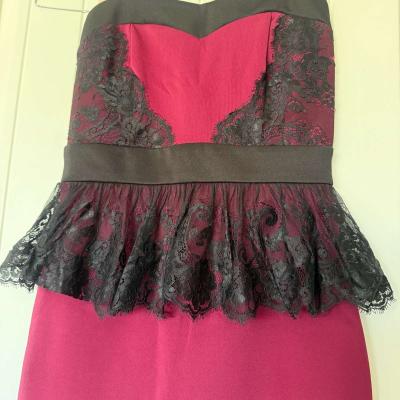 Elegant Strapless Burgundy Wine Red  Black Lace Peplum Cockt - Thumbnail 3