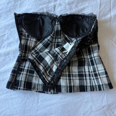 Y2K Black  White Plaid LaceTrim Bustier Corset Top Oboe  Si - Thumbnail 2
