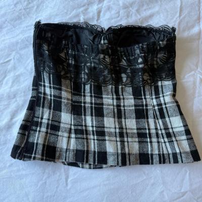 Y2K Black  White Plaid LaceTrim Bustier Corset Top Oboe  Si - Thumbnail 5