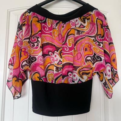 Retro Pink  Orange Paisley OffShoulder Blouse  Sheer Chiffon - Thumbnail 4