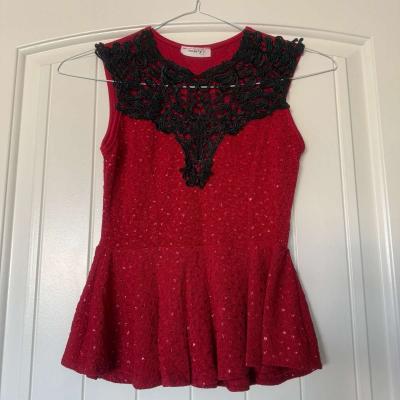 New Red Peplum Top with Black Lace Statement Neckline S - Thumbnail 2