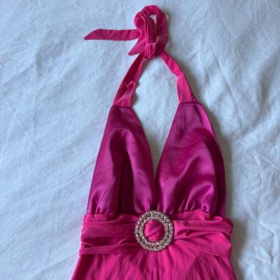 Hot Pink Satin Halter Top w Rhinestone Buckle  Deep V Party - Thumbnail 2