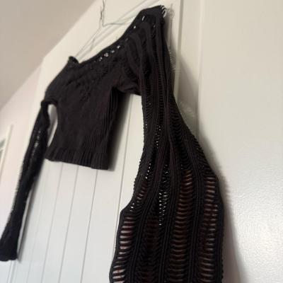 Black OpenKnit Ribbed Long Sleeve Crop Top  Textured Stateme - Thumbnail 2