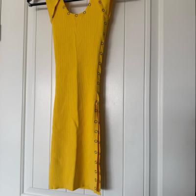 Mustard Yellow Ribbed SnapDetail Midi Dress  Cutout Back  Wo - Thumbnail 3