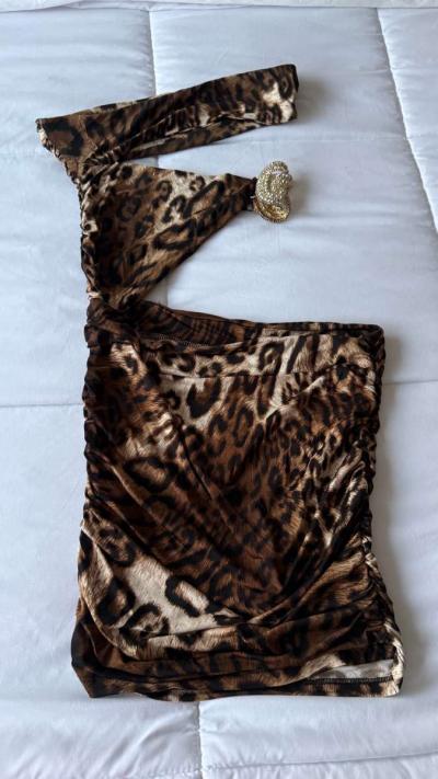 Leopard Print OneShoulder CutOut Mini Dress with Rhinestone - Thumbnail 2