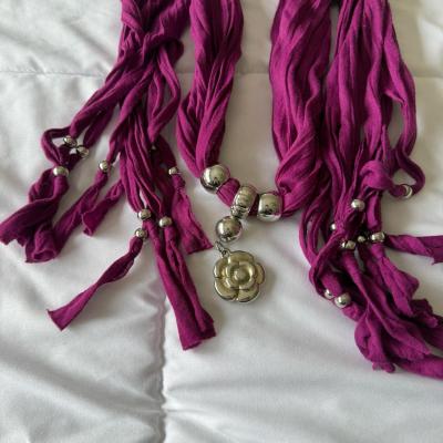 Magenta Statement Scarf Necklace with Silver Beads  Floral P - Thumbnail 2