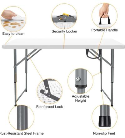 Folding Picnic Table 4Foot Adjustable Height 4FT Plastic Tab - Thumbnail 4