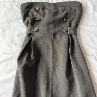 Strapless Charcoal Gray MilitaryInspired Dress with Gold Cre - Thumbnail 3