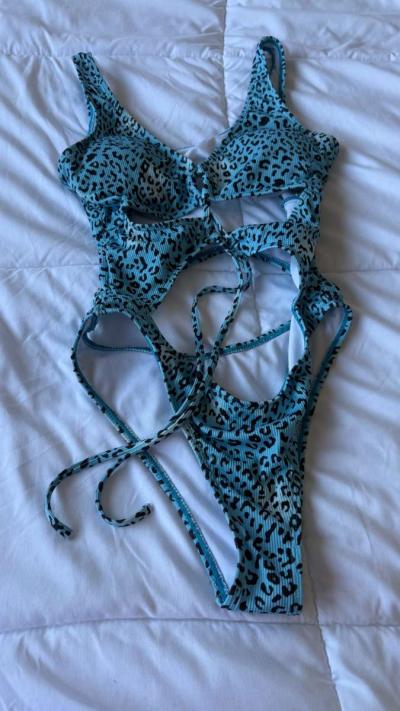 Turquoise Leopard CutOut OnePiece Swimsuit w Padded Bra  Lac - Thumbnail 4