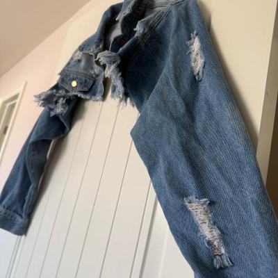 Ultra Cropped Distressed Denim Jacket  Raw Hem Light Wash  B - Thumbnail 5