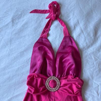 Hot Pink Satin Halter Top w Rhinestone Buckle  Deep V Party - Thumbnail 3