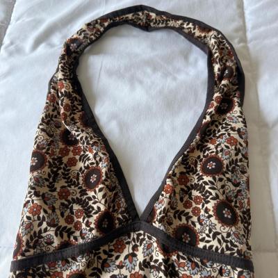 Vintage Boho Floral Halter Top  Deep V Neck Empire Waist Bro - Thumbnail 2