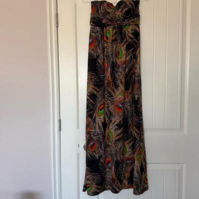 Poetry Boho Strapless Peacock Feather Maxi Dress with Padded - Thumbnail 2