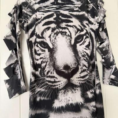 Black  White Tiger Print Bodycon Dress with Ladder CutOut Sl - Thumbnail 5