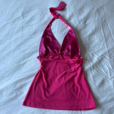 Hot Pink Satin Halter Top w Rhinestone Buckle  Deep V Party - Thumbnail 6