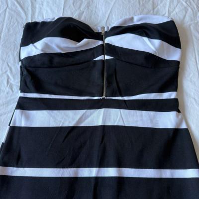 Strapless Black  White Stripe Bodycon Built In Padded Bra Mi - Thumbnail 2